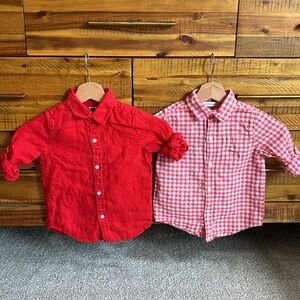 Janie & Jack Boys Red Linen Roll-Cuff Shirt and Red Checkered Kids Shirts Bundle